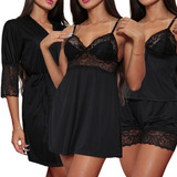 Kit Camisola Sexy Feminina + Baby Doll Luxo + Robe Com Renda