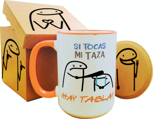 * Taza Grande 15 Oz Flork Deformito Caja Y Portatazas Madera