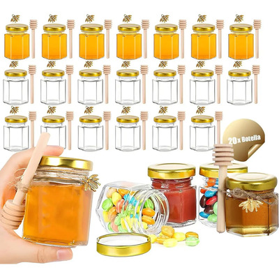 Mini Tarros Hexagonales de Vidrio 45ml Auledio con Tapas y Cucharitas 20 Unidades | MercadoLibre