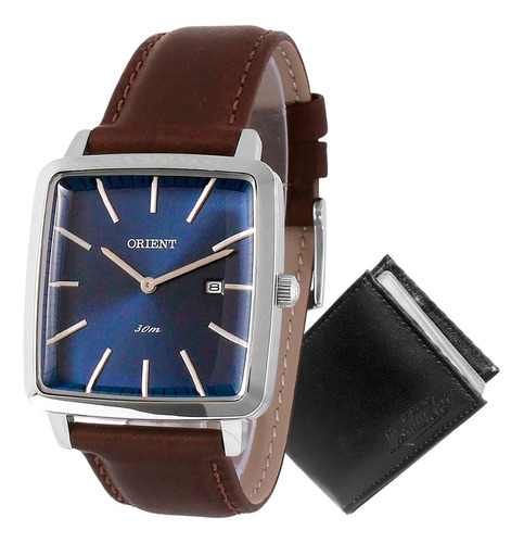 Relógio Orient Masculino Quadrado Gbsc1012 Azul Couro Marrom