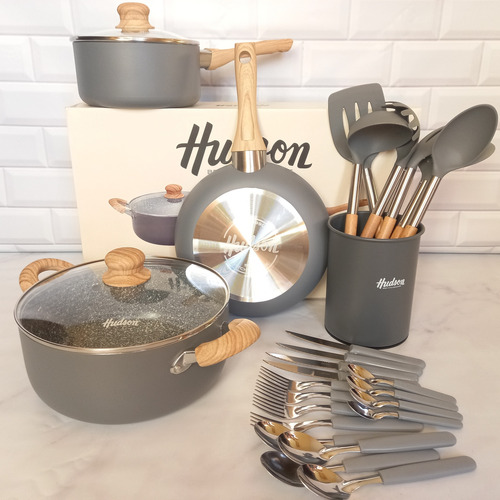 Batería Hudson Juego De Ollas Gris Gray Crema Utensilios 