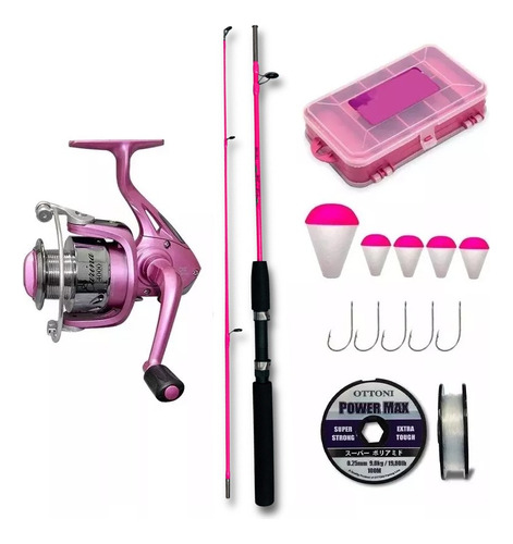 Kit Pesca Feminino Rosa Vara + Molinete + Boia Anzol Estojo