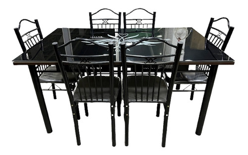 Juego De Comedor Con 6 Sillas Mesa Mdf Vidrio Rect. Negro