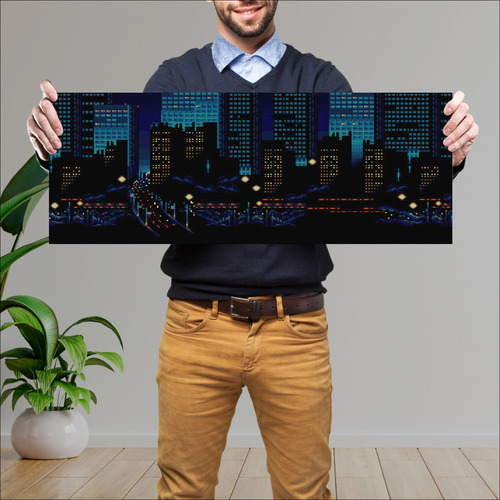 Cuadro Grande 30x80 Cm Pixel Art Ciudad Nocturna