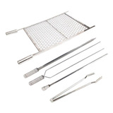 Kit Grelha Inox 70x40 E 4 Espetos E Pegador Carnes Churrasco