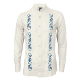 Camisa Guayabera Lino Marfil Con Bordado Azul Manga Larga