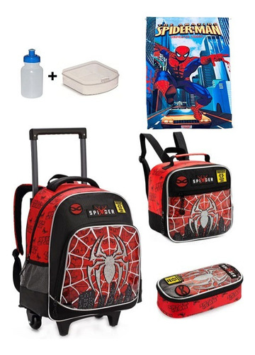 Kit Mochila Homem Aranha Rodinhas +estojo + Lancheira