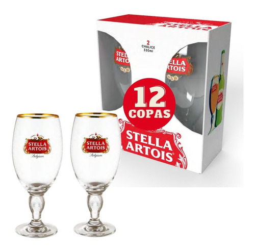 12 Copas De Cerveza Stella Artois Borde Dorado 330 M En Caja