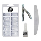 Kit 100 Unha Tips Curvatura C Cola 3g Alicate Lixa Boomerang