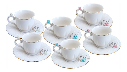 Conjunto 6 Xícaras De Café De Porcelana Flower Round Plate