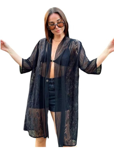 Kimono Importado Negro De Tul Bordado 
