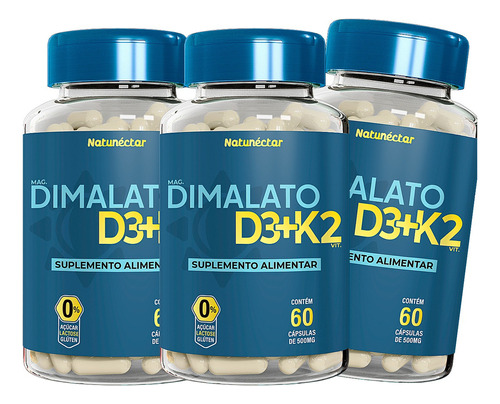 Kit 3 Potes Magnésio Dimalato Vit D3+k2 Natural 180 Cápsulas