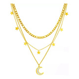 Collar Triple Con Colgante Luna De Acero Inoxidable Joyería