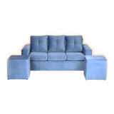 Sofá 3 Cuerpos Con 2 Pouf Felpa Azul Piedra/ Muebles América