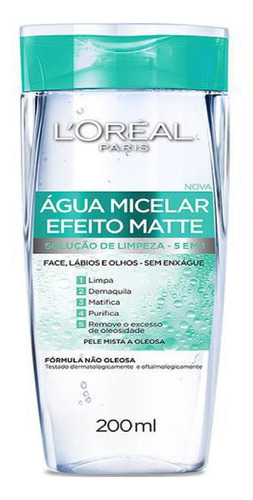 Água Micelar L'oréal Paris Efeito Matte Limpeza 5 Em 1 200ml