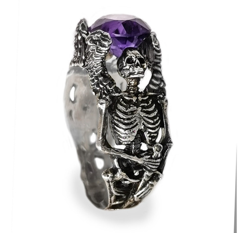 Anillo De Calavera Para Mujer Compromiso Plata Y Amatista