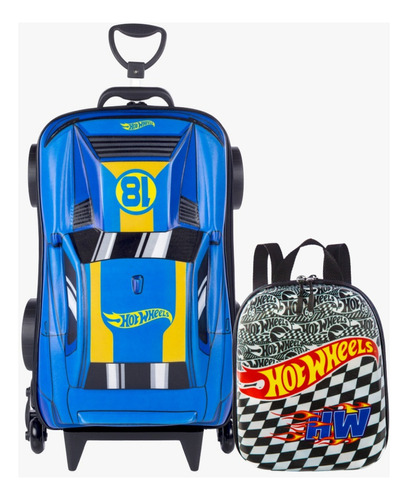 Kit Mochila Mala Escolar 3d Hot Wheels Rodinha Com Lancheira