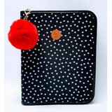 Fichário Feminino Univ. Zíper Bolso Poá Preto + Pompom+ Alça