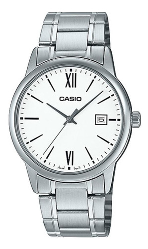 Reloj Casio Mtpv002 7b3 Hombre Acero Negro Fechador Correa Plateado Bisel Plateado Fondo Blanco Mtp-v002d-7b3