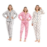    Kit 3 Pijama De Frio Feminino Longo Estampado Aberto Luxo