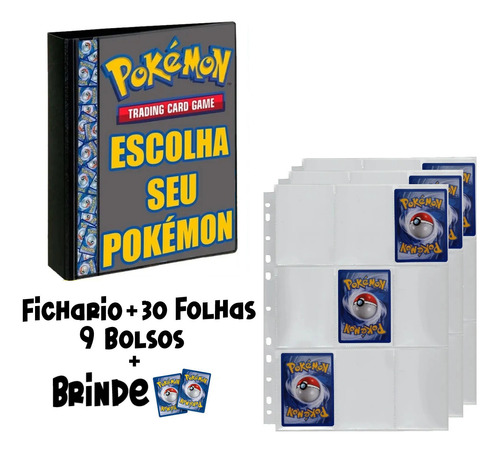 Pasta Fichário Cartas Cards Pokémon Com 30 Folhas 9 Bolsos