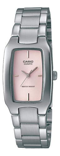 Reloj Casio Ltp-1165a-4cdf Mujer 100% Original Correa Plata Bisel Rosa Fondo Rosa