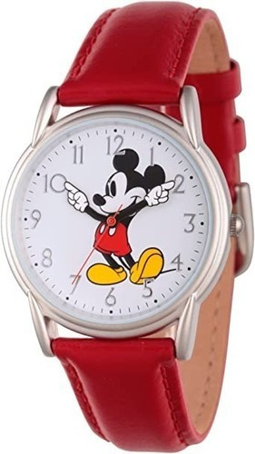 Disney Reloj Rojo Mickey Mouse De Cuarzo Para Mujer Color Del Bisel Plateado Color Del Fondo Blanco