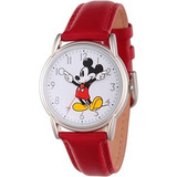 Disney Reloj Rojo Mickey Mouse De Cuarzo Para Mujer Color Del Bisel Plateado Color Del Fondo Blanco