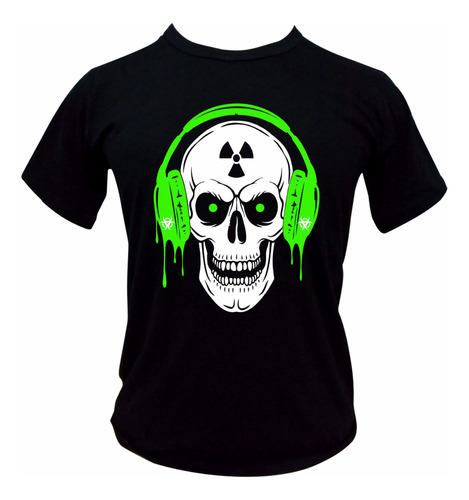 Camiseta Caveira Com Fones Cores Neon Luz Negra 100% Algodão