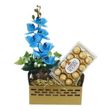 Orquídeas Artificiais Azuis + Chocolates Cesta Para Presen