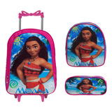 Kit Mochila Infantil Escolar Feminina Moana Rodinha Creche