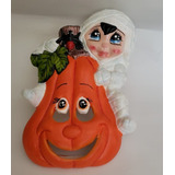 Figura De Pared Cerámica Calabaza Momia Halloween Artesanal