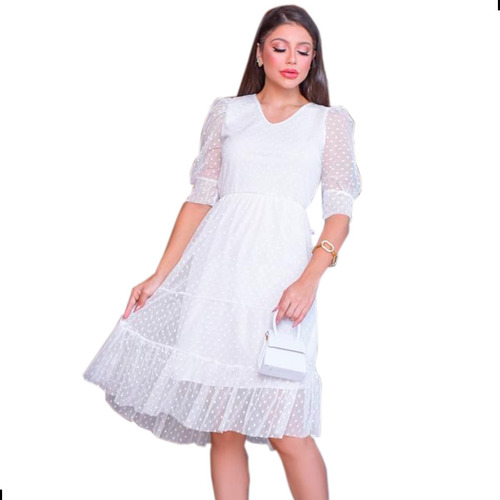 Vestido Midi Tule Poá Bolinha Moda Evangélica