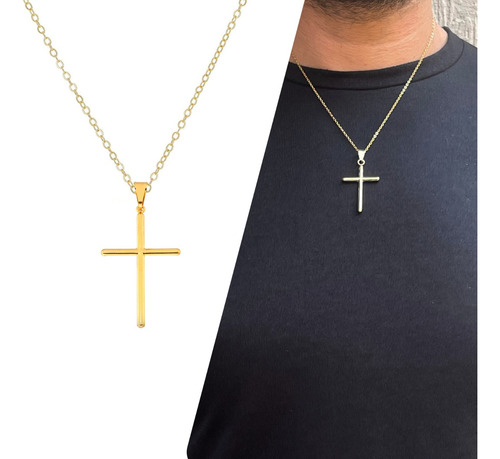 Colar Corrente Masculino Crucifixo Dourado A Ouro 18k Aço