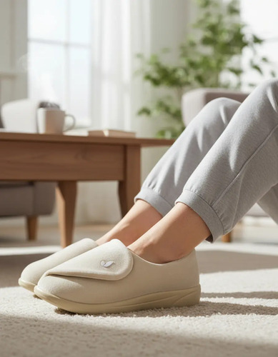 Pantufla Premium Ajustable Dama Beige Doble Ancho Diabetico