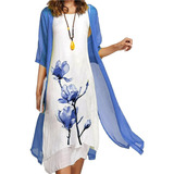 Casual Floral Algodón Lino Vestido Mujer Conjunto 2 Piezas A