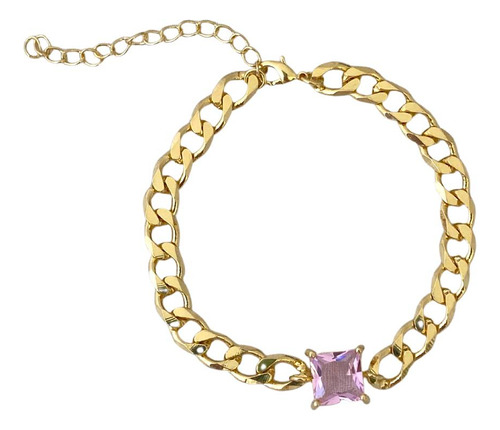 Pulseira Feminina Corrente Zircônia Rosa Banhada A Ouro 18k