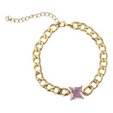 Pulseira Feminina Corrente Zircônia Rosa Banhada A Ouro 18k