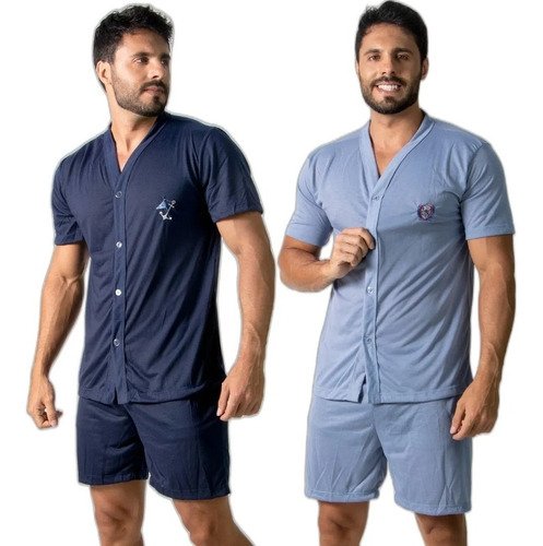 Kit 2 Pijama Curto Masculino Botão Adulto Verão Pós Cirurgia