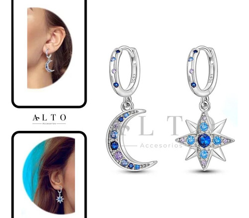 Aretes Arracadas Asimétricos Estrella Y Luna Zirconia Plata