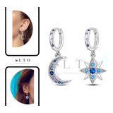 Aretes Arracadas Asimétricos Estrella Y Luna Zirconia Plata