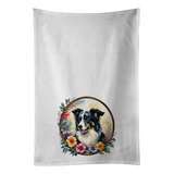 Border Collie And Flowers Kitchen Towel Set Of 2 White Dish 