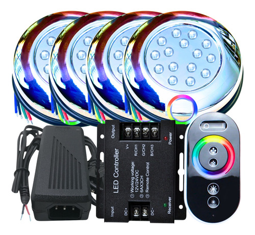 Kit 04 Luminária Piscina Led 15w Rgb Inox + Comando + Fonte