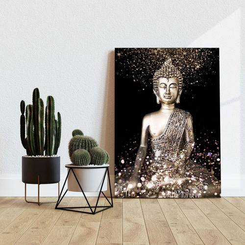 Quadro Decorativo Grande Religioso Buda Dourado Fundo Preto