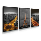 Kit 3 Quadros Cidade Grande Paris Nova York 60x40cm