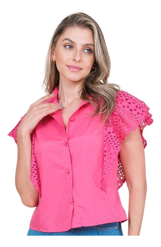 Camisa Feminina Manga Babado Curta Em Laise Moda Social