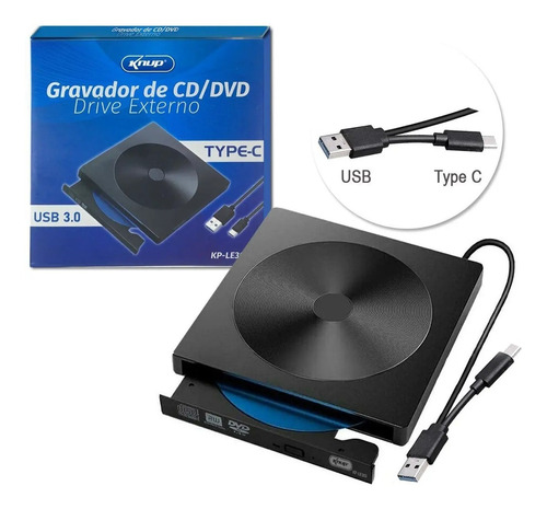 Gravador Externo De Cd E Dvd Tipo-c Usb 3.0 Externo Kp-le303