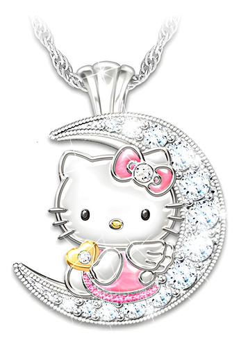 Collar Hello Kitty Con Luna Brillantes Cadena Plata Hermosa