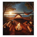 Vinilo 20x20cm Camping Lago Atardecer Fuego Paraguaya