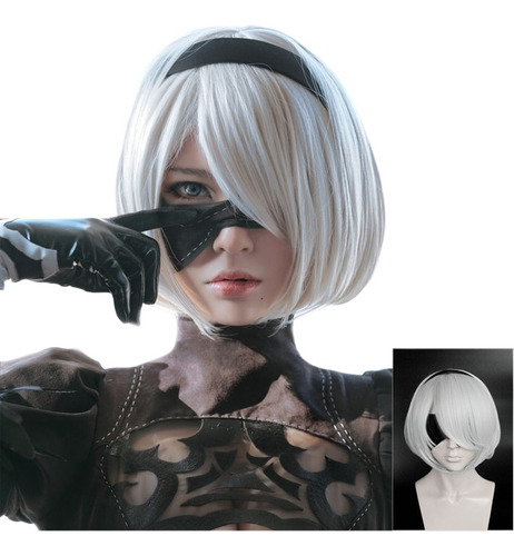 Nier:automata 2b No. 2 B Heroine Peruca Curta Prateada